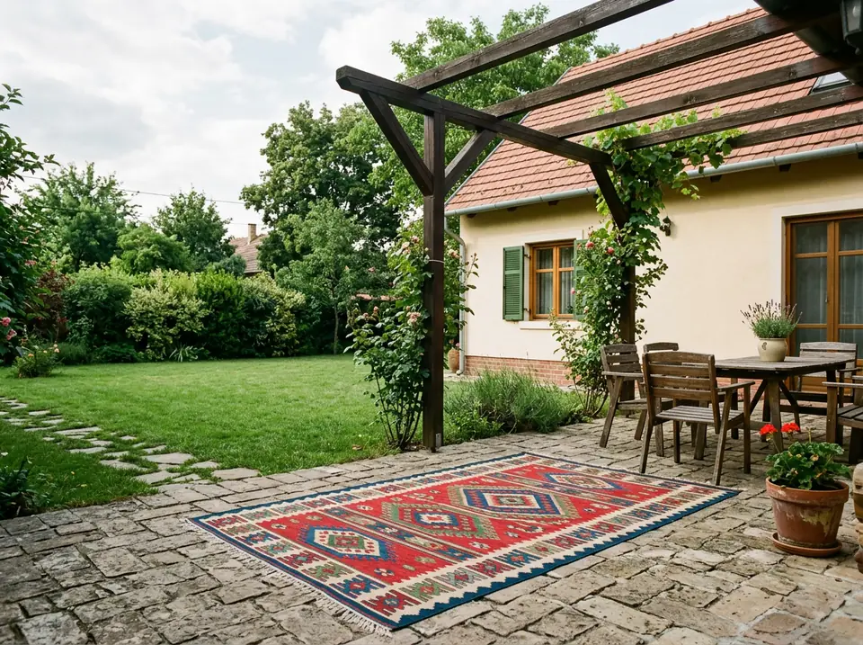 Kertvárosi családi ház terasza, kiterített nagy szőnyeggel a burkolaton